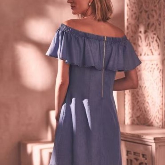 MELANIE LYNE: Tencel Off The Shoulder Dress - blue denim - Picture 4 of 6